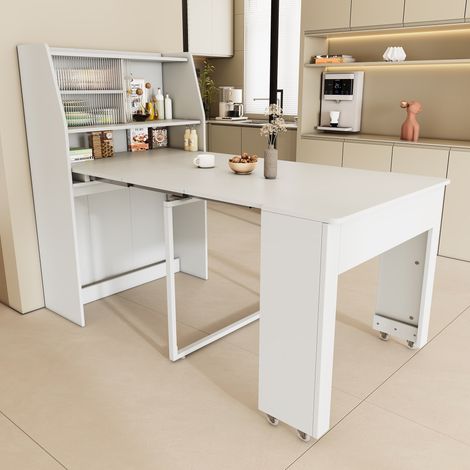 Table à manger extensible, L52-132.5xI80xH76cm, console de cuisine avec rangement étagère, table pliante gain de place moderne, Blanc (1/5)