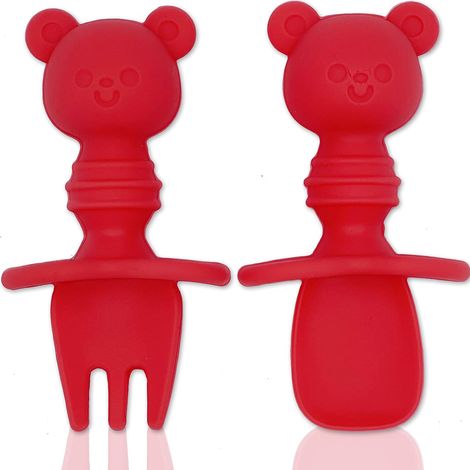 Ensemble fourchette et cuillère en silicone pour bébé (rouge)