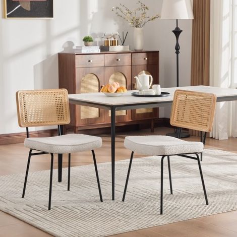 Set di 2 sedie da pranzo moderne, rivestimento in ciniglia, senza braccioli, struttura dello schienale in legno massello, effetto rattan, gambe in metallo regolabili - avorio (1/5)