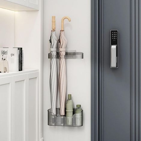 (Gris) Porte parapluies à Fixation Murale, Étagère de Parapluie Autocollante sans Perçage Organisateur D'économie D'espace Support de Parapluie, pour Le Couloir, la Maison, Le Bureau (1/4)