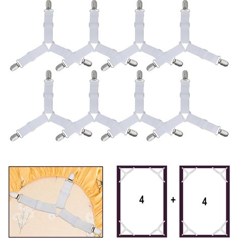Blanc，8 Pièces Drap de Lit Attaches, Réglable élastiques Triangle Sangles de Soutient pour Drap Housse et Drap Plat Draps de Lit, Matelas, Canapé Coussin, Nappes, Planche à Repasser