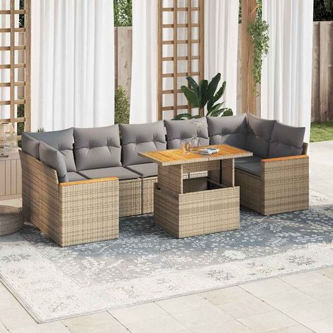 Salon de jardin avec coussins 8 pcs beige résine tressée acacia (1/5)