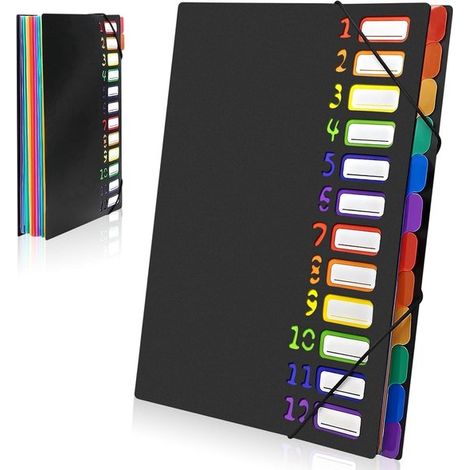 Cartella portatile formato A4 a ventaglio con 12 scomparti - Plastica PP - Cartelle portaoggetti - Cartelle con elastico - Impermeabile - Adatta per la scuola e l'ufficio (1/2)