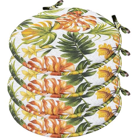 Set 4 Cuscini Sedia Rotondi Cotone Stile Urban Jungle Coprisedie Tondi Foglie Palma Lavabili Morbidi