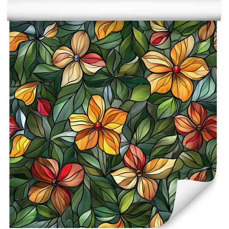 Papier peint Fleurs Vitrail Vert Bouteille, Or et Olive 50x1000 cm (1/5)