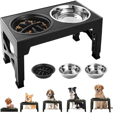 Support surélevé 2 bols inox 1200 ml + 1 bol anti-glouton 800 ml, pour chien moyen/grand