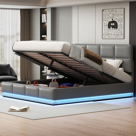 lit adulte coffre 180 x 200 cm en simili cuir gris ciment avec LED et tête de lit réglable (1/5)