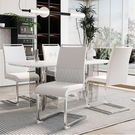 Sillas de comedor lote de 4, respaldo alto acolchado en PU efecto lino, blancas DESVIAE (1/5)
