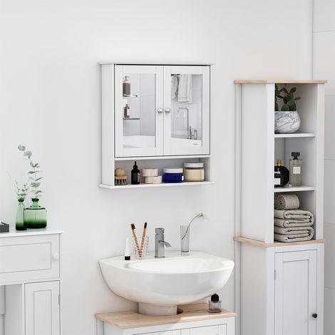 Mobiletto da bagno Kleankin con specchio, a parete, con 2 ante e 3 ripiani, ideale per cucina, bagno e soggiorno. Realizzato in robusto pannello MDF facile da pulire, colore bianco, dimensioni 56x13x5