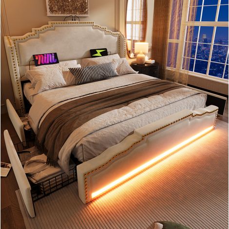 Letto matrimoniale 160x200 cm in velluto beige con 4 cassetti, LED e materasso – MEUBLIV (1/5)