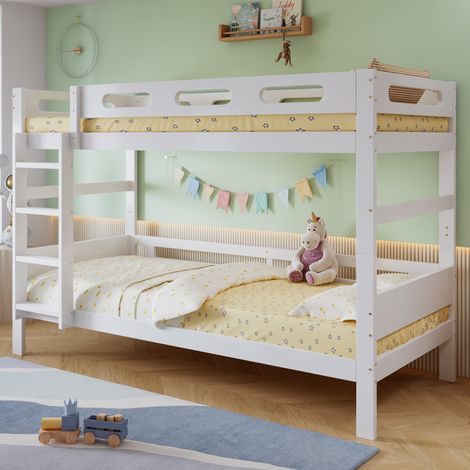 Lit mezzanine enfant 90x200 cm avec échelle et barrières de sécurité, sommier à lattes, bois blanc (1/5)