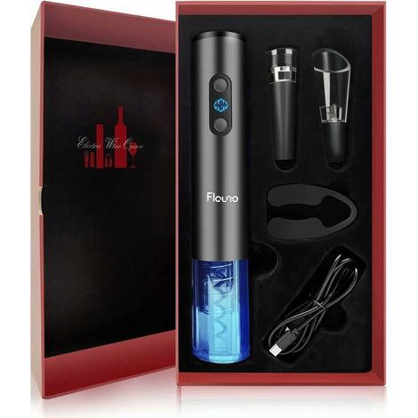 Tire-bouchon électrique rechargeable, coffret cadeau avec ouvre-bouteille automatique, couteau à capsule, aérateur à vin et pompe à bouchons. (1/5)
