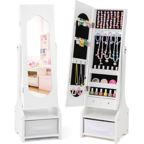 Armoire à bijoux enfant avec miroir sur pied, rangement intégré, 2 angles d'inclinaison, pour chambre (1/5)