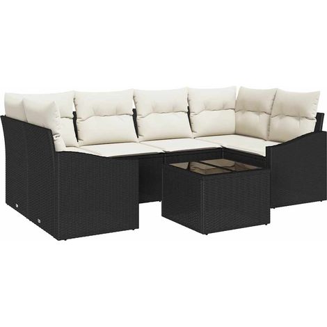 Sofa Set with Cushion 7 pcs Black and Cream Poly Rattan vidaXL