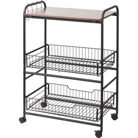 Carrello da cucina portavivande style industriale 2 cestini 4 ganci 4 ruote 60x38x85.5cm Marrone nero (1/5)