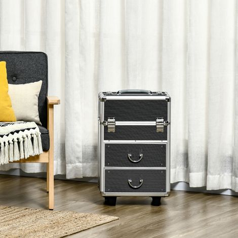 Valise trolley de maquillage, mallette cosmétique vanity en aluminium et ABS noirs, poignée télescopique réglable, 36 L x 23 l x 58 H cm (1/5)