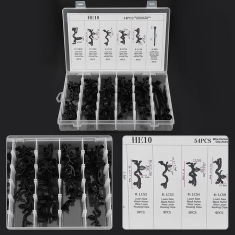54 attaches mélangées clips de fixation faisceau électrique auto, pinces acheminement câblage, colliers gaine ondulée, kit divers diamètres (1/5)