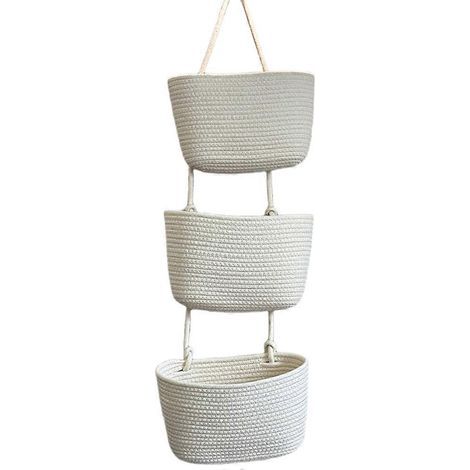 Panier de rangement mural pour la maison, panier suspendu tressé à trois niveaux, blanc cassé - 3 (1/5)
