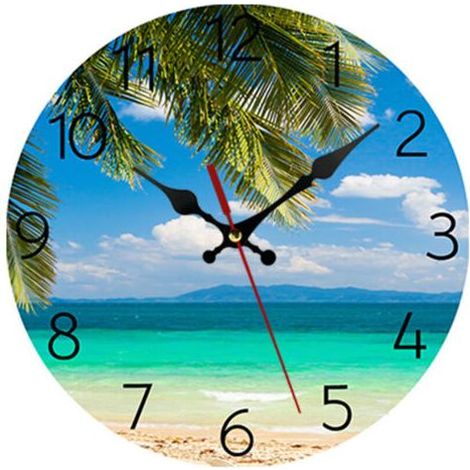 Moderne Palmen-Wanduhr (25 cm), kleine, geräuschlose Strand- und Meeresuhr aus Holz für Küche/Schlafzimmer/Wohnzimmer/Badezimmer (1/5)
