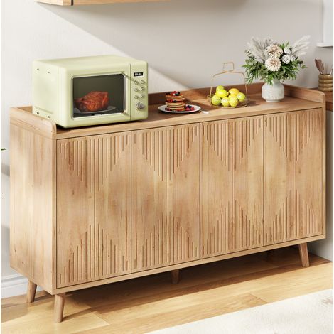 Aparador de cocina de 140 × 40 × 84 cm con 4 puertas, baldas ajustables y estante abierto, acabado en madera clara para comedor, salón o recibidor FLORAGRACE (1/5)