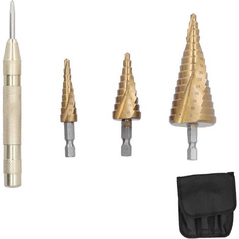3-teiliges Stufenbohrer-Set, metrisch, professionell, konisch, HSS-Sechskantschaft, 432 mm, mit automatischer Zentrierspitze (Spiralschaft)