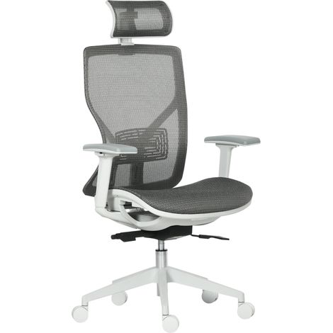 Chaise gaming ergonomique grise appui-tête soutien lombaire accoudoirs 3D réglable roulettes pivotantes 360° tissu mesh mousse 67x65x120-128 cm (1/5)