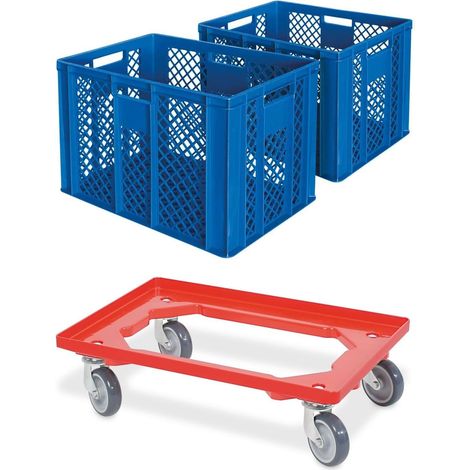 BRB 2x Eurobehälter/Bäckerkiste, LxBxH 600x400x410 mm inkl. Transportroller (blau)