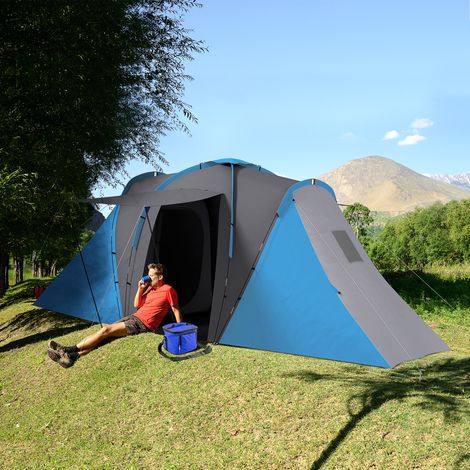 Tente 3000 mm 555x225x190 cm gris bleu pour 4 à 6 personnes avec 2 chambres de camping imperméable et
