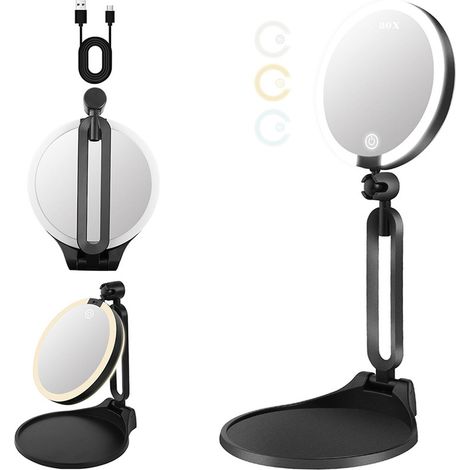 Espejo De Maquillaje Plegable - Iluminado Con 762 Led - Ampliación 30x Y 1x - Ajustable 360° - Altura Máxima 38 Cm - Para Uso Doméstico O De Viaje (1/5)
