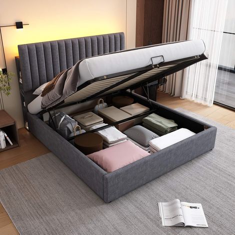 Lit coffre 160x200 cm gris en lin, LED contrôlée par application, ports USB Type-C, tête de lit avec rangement, sommier inclus sans matelas (1/5)