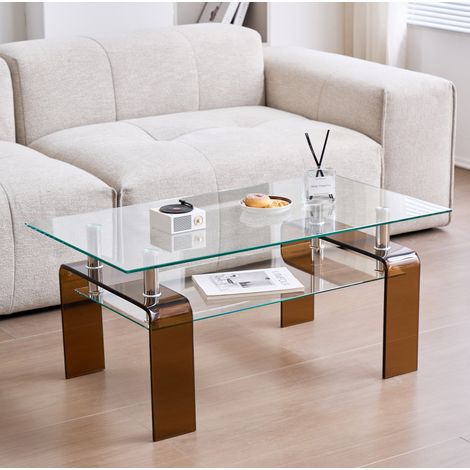 Table basse 100x55x45 cm en verre trempé transparent, double plateau pour petit salon – MEUBLIV (1/5)