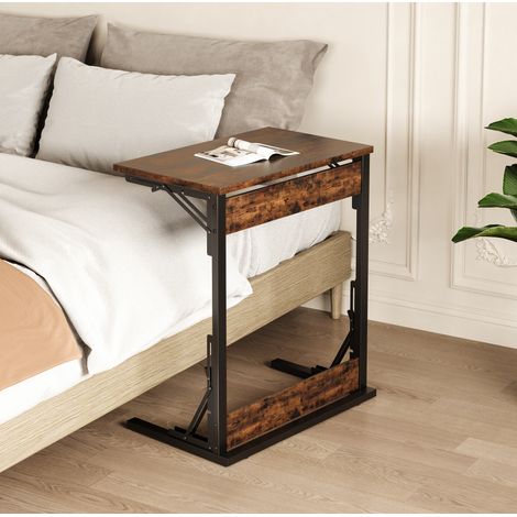 Mesa auxiliar en C 60x37x71 cm marrón rústico de metal y tablero de partículas con pies ajustables y diseño plegable (1/5)