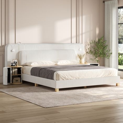 Lit adulte 180x200 cm, 2 chevets intégrés à 2 niveaux de rangement, éclairage LED, tête de lit rembourrée, lit double en velours côtelé - Beige (1/5)