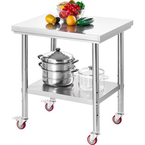 Table de travail en acier inoxydable 76 x 60 cm, table de préparation des aliments avec roulettes et étagère inférieure réglable, pour cuisine commerciale, restaurant, hôtel, garage, extérieur (1/5)