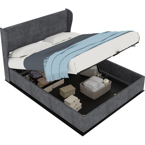 Lit rembourré moderne minimaliste avec tête de lit douce et confortable, 140x200 cm, gris, meuble de chambre multifonction, base de rangement haute avec mécanisme à vérin à gaz, matelas non inclus. (1/5)