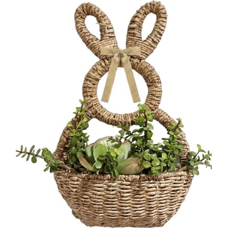 Panier Tressé Lapin - Décoration Porte de Pâques - Panier Suspendu pour Intérieur Extérieur - 42 cm - Pour Fleurs ou Plantes (1/5)