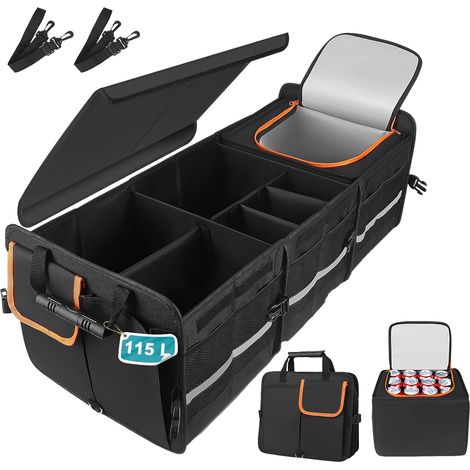 XXXL Rangement Coffre de Voiture, 115L Pliable Organisateur avec 6 Compartiments et Couvercle, 24L Sac Isolant Amovible, Fond Antidérapant et Poignées, pour SUV Camion Camping Quotidien, 89x36x31cm (1/5)