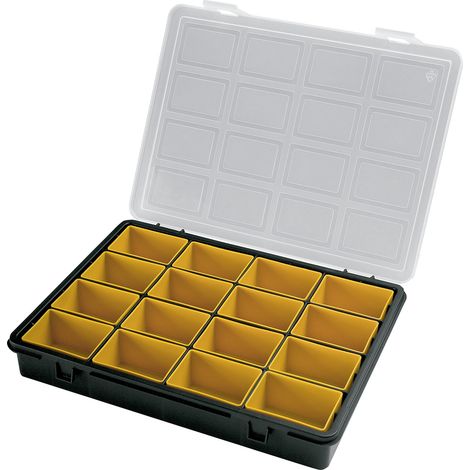Kunststoff-Organizer mit 16 herausnehmbaren Fächern, 242 x 188 x 37 mm.