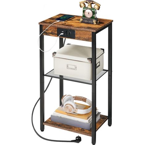 Table d’Appoint Haute avec Station de Charge, Table de Chevet Petite pour Salon, Chambre, Couloir, Marron Rustique et Noir EBF09CDH01 (1/5)