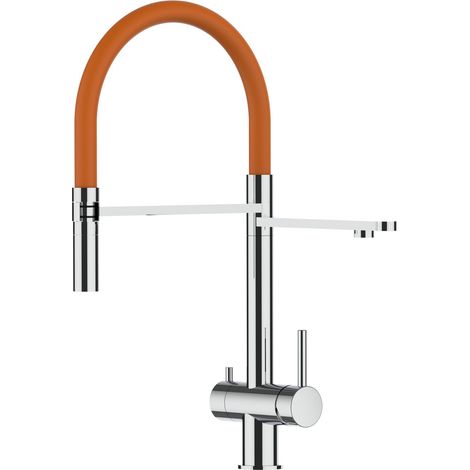 3 Wege Wasserhahn Edelstahl Massiv Kuechenarmatur mit Orange 360 schwenkbarem Auslauf und abnehmbare 2 strahl Handbrause - Edelstahl Hochglanz (1/5)