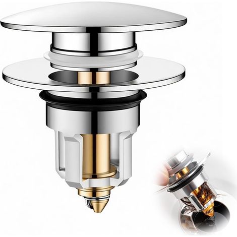 25-46mm Universal Pop-Up Basin Waste Plug, Brass Zinc Alloy Drain Plug, Push Open Sink and Bathtub, Durable Chrome Finish Bathroom Replacement (1/5)