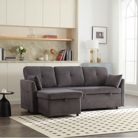 Sofá cama de pana gris oscuro 206 cm con chaise longue reversible y almacenamiento (1/5)