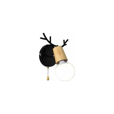 Applique murale en bois forme bois de cerf, style nordique, interrupteur chaînette, E27, noir –