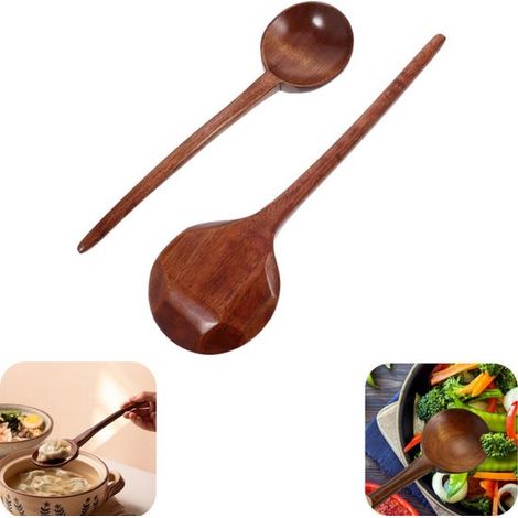 Cuillères de cuisine en bois lot de 2 - louches 23,5 x 6,5 cm, brunes (1/5)