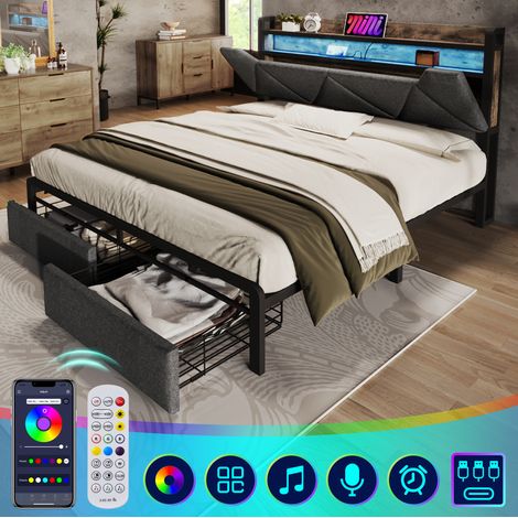 Cama doble 160/200 cm gris de lino con cabecero con almacenaje, LED y USB-C (1/5)