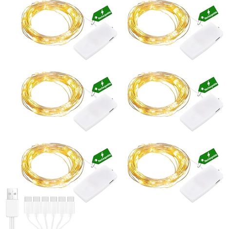 Mini Guirlande lumineuse rechargeable, 2M 20 LED blanc chaud avec câble USB rechargeable, guirlande étanche pour l'intérieur, Noël, mariage, fête, décoration de chambre (6 pièces) (1/5)
