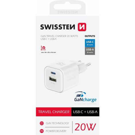 Caricabatterie da viaggio gan 1x usb-c 20w pd + 1x usb-a 18w qc bianco