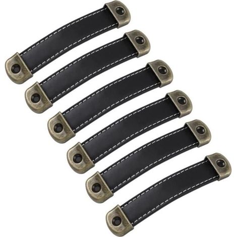 Poignée de meuble - Vintage en cuir - 6PCS - 96mm - Noir - Rectangulaire (1/4)