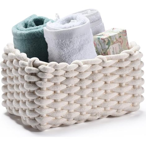 Aufbewahrungskorb aus Baumwolle - 25 x 17 x 13 cm - Weiß - Badezimmeraufbewahrung - Geeignet für Wickelauflagen - Korb - Toilettenpapieraufbewahrung - Geflochtener Aufbewahrungskorb (1/5)