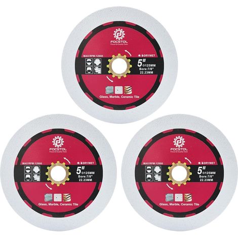Diamond Glass Disc 125 mm – 3 Pieces Double Sided Cutting Grinding Blade Diamond Saw for Glass Jade Crystal Wine with a Bore 22.23 mm x 15.88 mm (1/5)